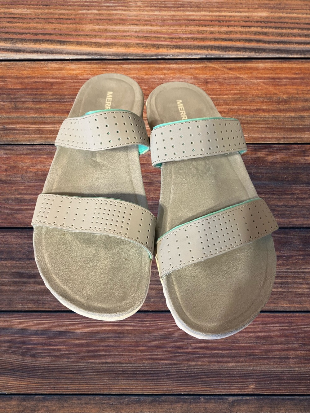 Merrell Paloma Performance Footwear Slide Sandals Taupe with Mint Trim